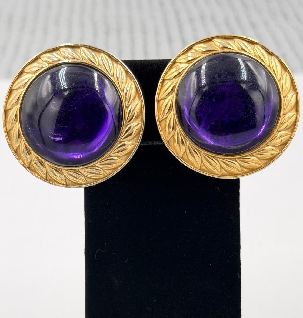 Vintage Trifari TM Amethyst Purple Glass Cabochon Clip-on Regency Earrings
